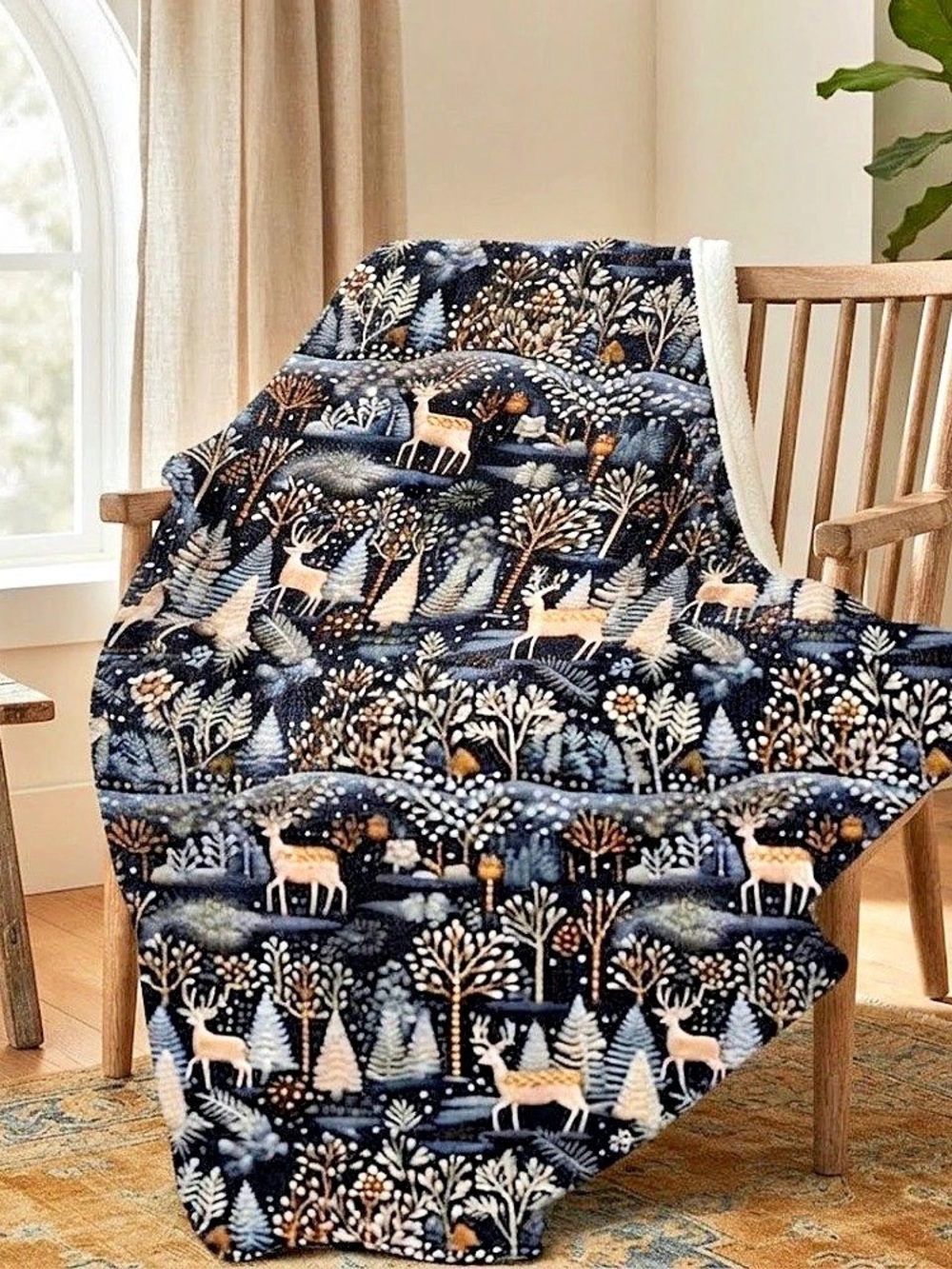 Winter Deer Forest Woodland Holiday Sherpa Blanket